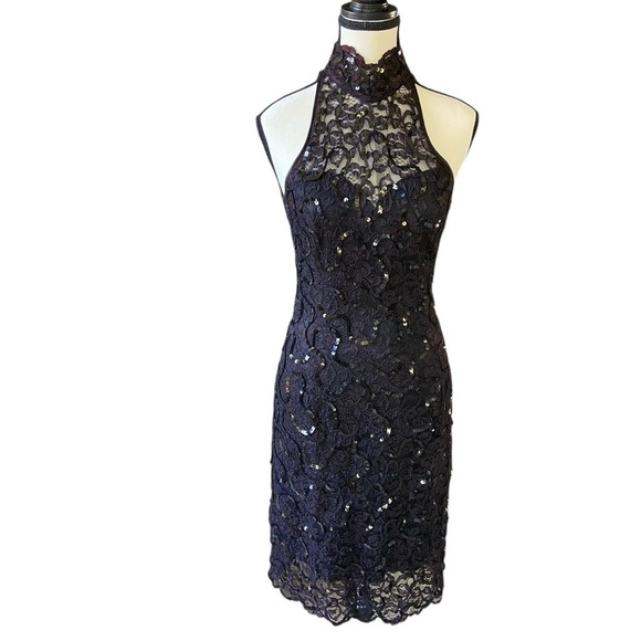 Lillie Rubin Vintage Black Lace Halter Dress Size 6 Black Sequins Cocktail Dance - Picture 5 of 16